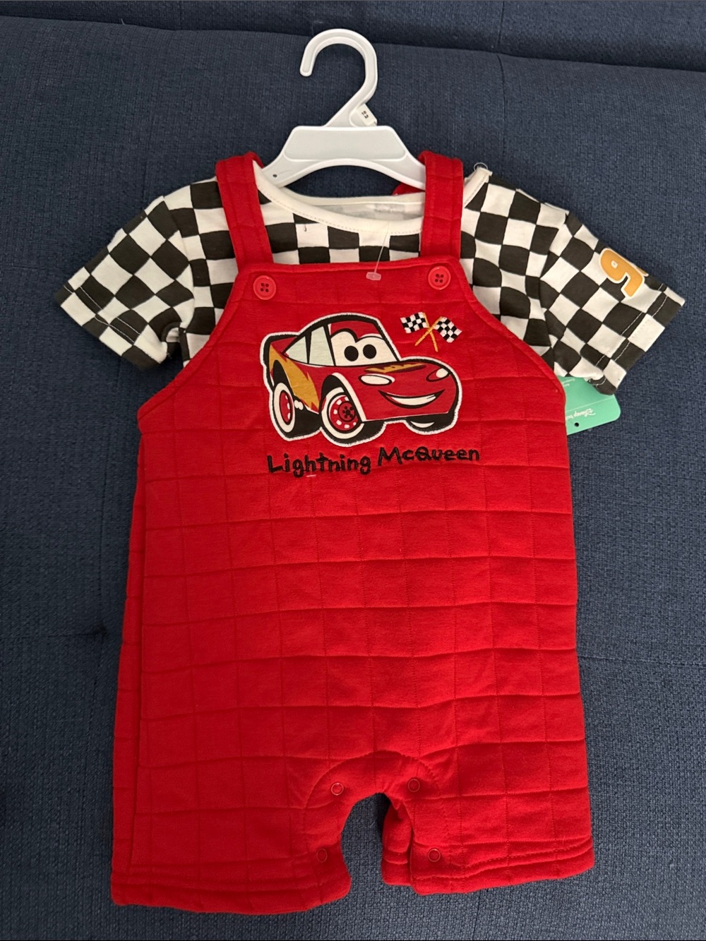 Disney Red Lightning McQueen Overalls with Checkered Tee